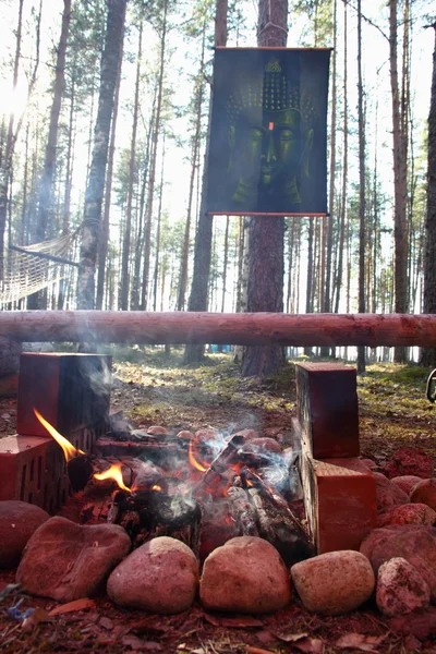 A fire in the forest camp — Stock Photo, Image