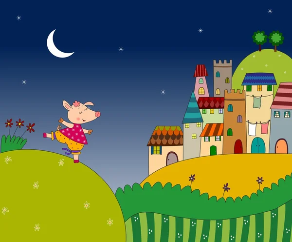 Petit cochon sur le paysage nocturne — Photo