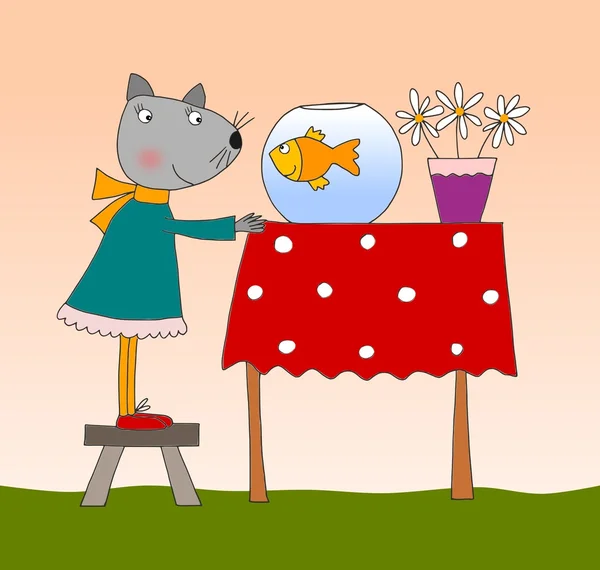 The cat greets the fish cartoon characters — Stock Photo, Image