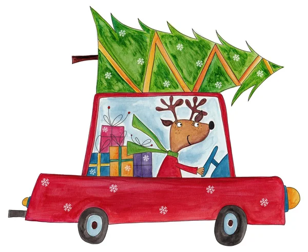 The reindeer delivering christmas tree — Stock Photo, Image