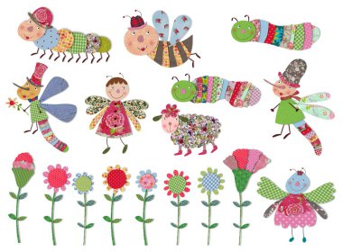 çizgi film karakterleri, böcekler ve çiçekler