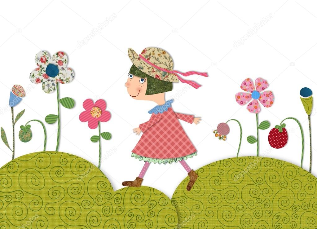 Girl walking on flowering meadow