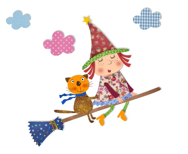 Witch and cat flying — Stock Photo, Image