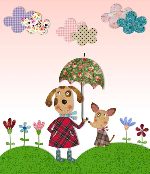 çiçekli çayır üzerinde yürüyen bir köpek