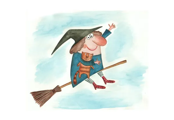 Cadı ve uçan süpürge üzerinde kedi