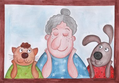Bayan, kedi ve köpek pencereden dışarı bakarak