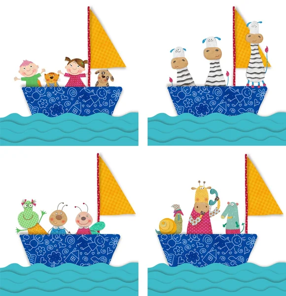 Pets and children traveling by boat — Stock Photo, Image