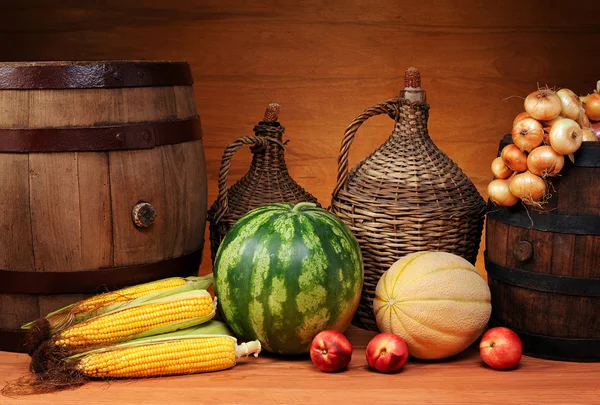 Agricultural products and wooden barrel — Stock Photo, Image