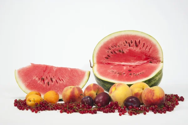 Watermelon, peaches, plums and red currant — Stock Photo, Image