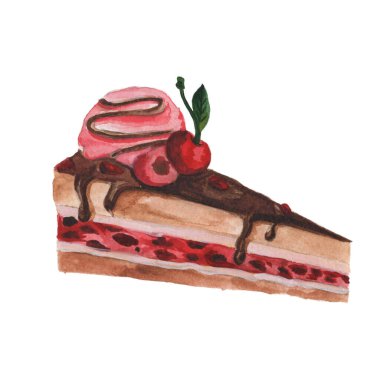 Watercolor piece of chocolate with cherry cake illustration
