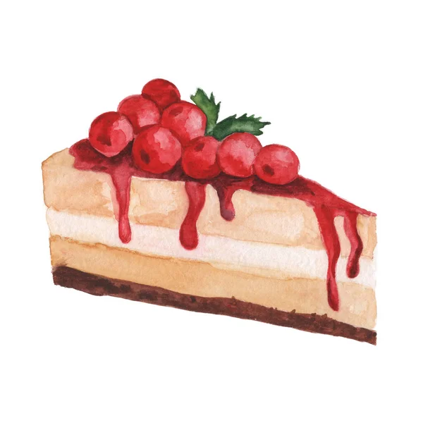 Watercolor piece of cake with cherry illustration — стоковое фото