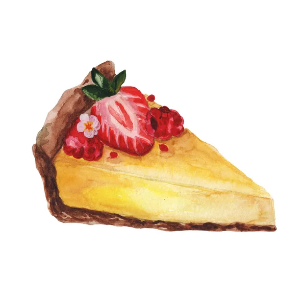 Watercolor piece of cheesecake with straubery illustration — Photo