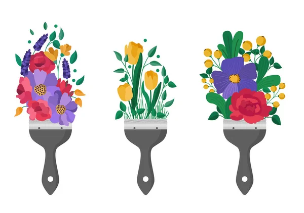 Peintures à brosse avec ensemble de fleurs, concept printemps — Image vectorielle