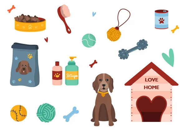Fournitures et équipement pour chiens et chiens. Nourriture, jouets, maison — Image vectorielle