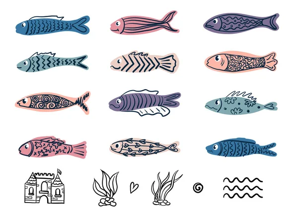 Ψάρια ζωγραφισμένα στο χέρι σε στυλ doodle — Διανυσματικό Αρχείο