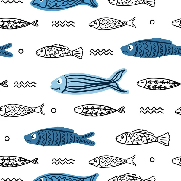 Hand drawn seamless pattern with cute, funny fishes with abstract lines ornaments — Stock Vector