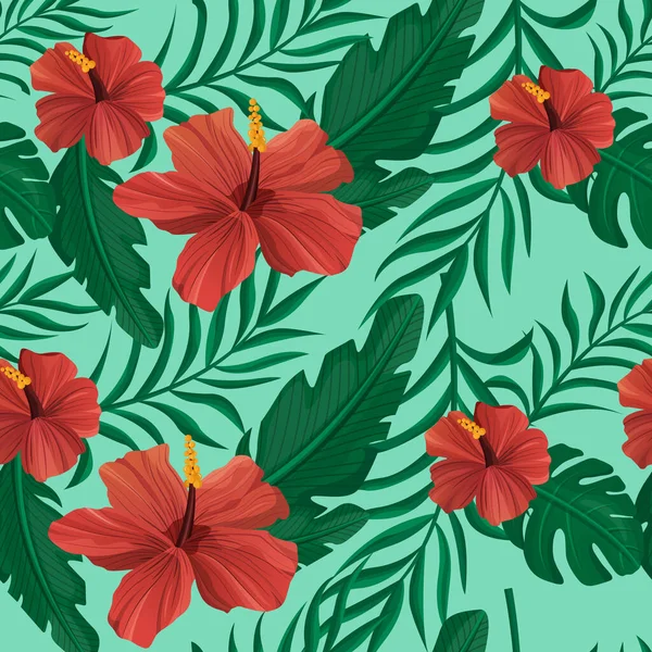 Hibiscus et plantes tropicales. Contexte textile — Image vectorielle