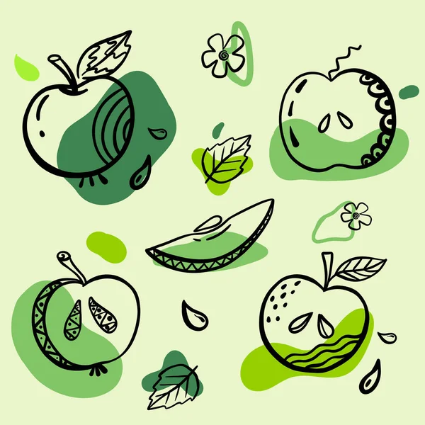 Apple hand drawn style with abstract shapes. Food eco template for menu, apple jam and juice label, tea banner — Image vectorielle