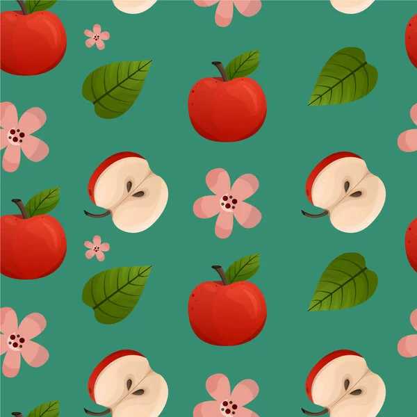 Red apple and half apple, leafs and flowers seamless pattern. Background illustration. Design for fabric, scrapbooking, packaging paper, wallpaper, wrapping, menu — Stock Vector