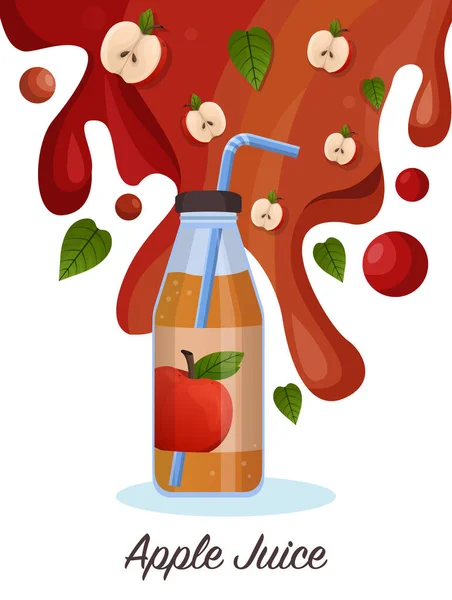 Jugo de manzana fresco en concepto de botella de vidrio. Gota de manzana roja en salpicadura de jugo y ondulación — Archivo Imágenes Vectoriales