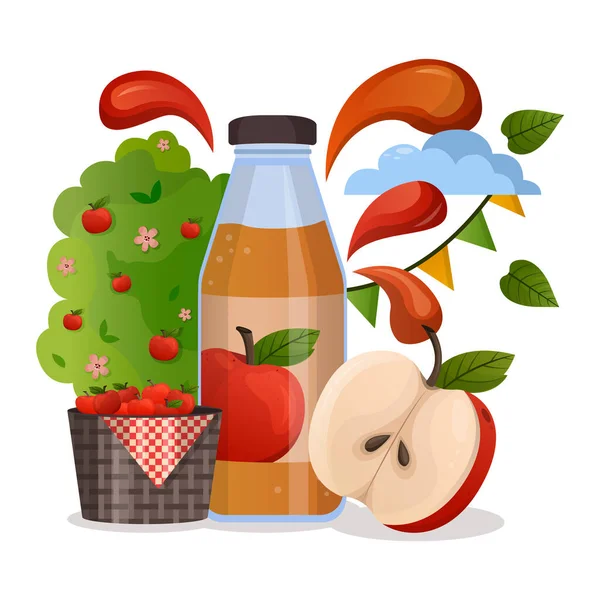Fresh apple juice in glass bottle concept. Harvest festival poster design with apples. Invitation for crop fest. Red apple drop on juice splash and ripple — Vetor de Stock