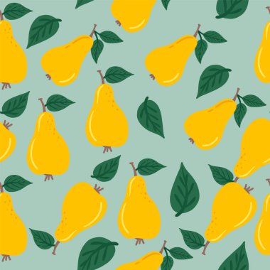 Armut armudu desenli. Armut, yapraklı ve arka planda tekrar tekrar çizilmiş. Tam meyve ve yarısını kes. Arkaplan, tekstil, ambalaj kağıdı, duvar kağıdı için yiyecek şablonu