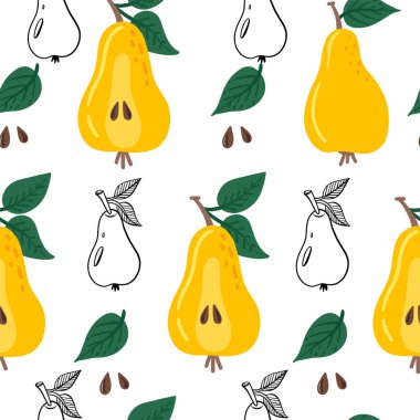 Armut armudu desenli. Armut, yapraklı ve arka planda tekrar tekrar çizilmiş. Tam meyve ve yarısını kes. Arkaplan, tekstil, ambalaj kağıdı, duvar kağıdı için yiyecek şablonu