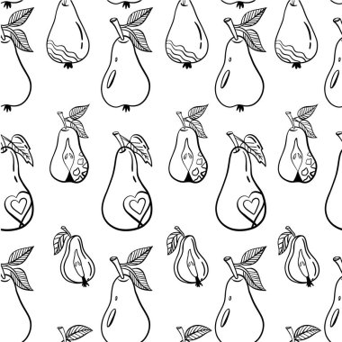 Armut armudu desenli. Armut, yapraklı ve arka planda tekrar tekrar çizilmiş. Tam meyve ve yarısını kes. Arkaplan, tekstil, ambalaj kağıdı, duvar kağıdı için yiyecek şablonu