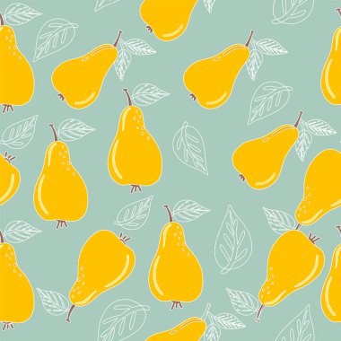 Armut armudu desenli. Armut, yapraklı ve arka planda tekrar tekrar çizilmiş. Tam meyve ve yarısını kes. Arkaplan, tekstil, ambalaj kağıdı, duvar kağıdı için yiyecek şablonu
