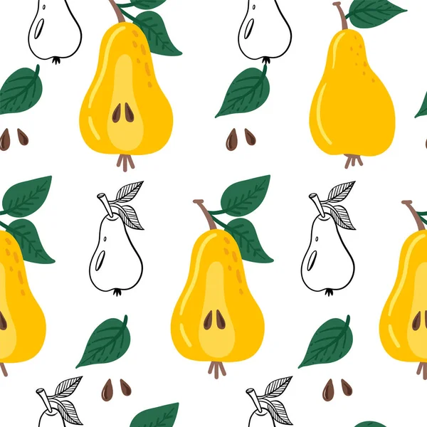 Armut armudu desenli. Armut, yapraklı ve arka planda tekrar tekrar çizilmiş. Tam meyve ve yarısını kes. Arkaplan, tekstil, ambalaj kağıdı, duvar kağıdı için yiyecek şablonu