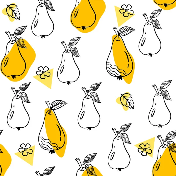 Armut armudu desenli. Armut, yapraklı ve arka planda tekrar tekrar çizilmiş. Tam meyve ve yarısını kes. Arkaplan, tekstil, ambalaj kağıdı, duvar kağıdı için yiyecek şablonu
