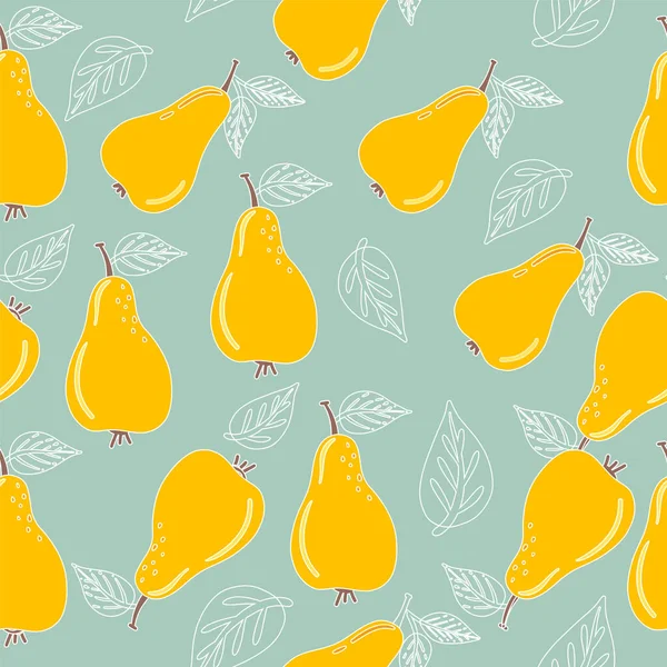 Armut armudu desenli. Armut, yapraklı ve arka planda tekrar tekrar çizilmiş. Tam meyve ve yarısını kes. Arkaplan, tekstil, ambalaj kağıdı, duvar kağıdı için yiyecek şablonu