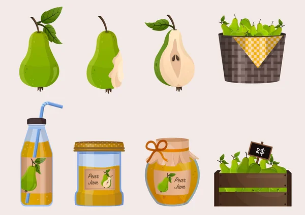 Pear harvest large collection. Green pear on branch, in basket, juice, jam, marmalade, pastila. Slice of pear. Fruits — Image vectorielle