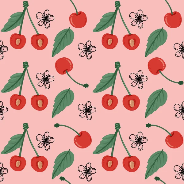 Patrón sin costuras de fruta de cereza. Cereza en estilo de dibujos animados repetido telón de fondo. Fruta entera y la mitad cortada. Plantilla de alimentos para fondo, textil, papel de embalaje, papel pintado — Vector de stock