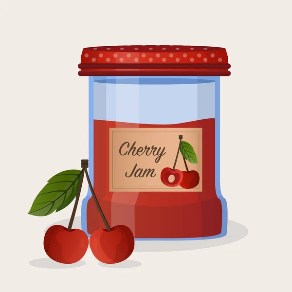 Cherry jam in jar. Cherry confiture. Vector food illustration in cartoon flat style. Breakfast — Image vectorielle