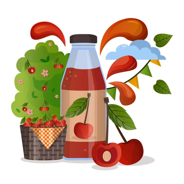 Fresh cherry juice in glass bottle concept. Harvest festival poster design with cherry. Invitation for crop fest. Red cherry drop on juice splash and ripple — Vetor de Stock