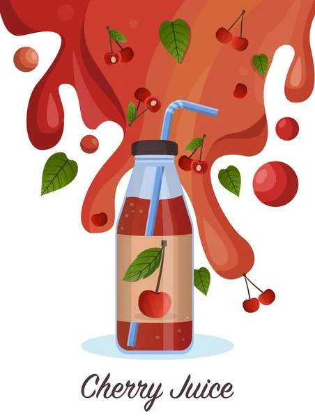 Fresh cherry juice in glass bottle concept. Red cherry drop on juice splash and ripple. Vector illustration — Stock Vector