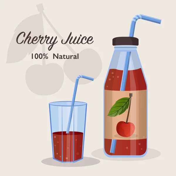 Fresh cherry juice in glass bottle and fruit juice in glass concept. — Image vectorielle