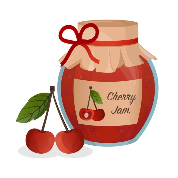 Jar with cherry jam. Homemade cherry jam in a glass jar. Vector flat cartoon illustration. White background, isolated. Vector illustration — Image vectorielle