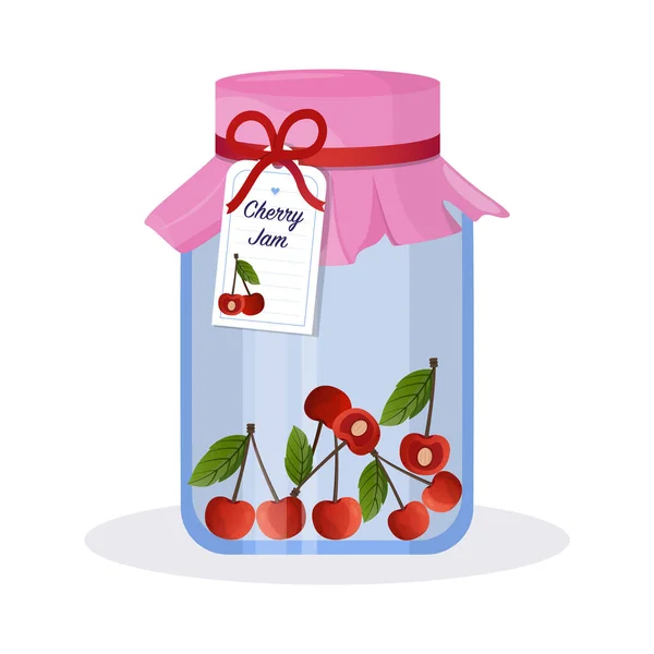 Jar with cherry jam. Homemade cherry jam in a glass jar. Vector flat cartoon illustration. White background, isolated. Vector illustration — Image vectorielle