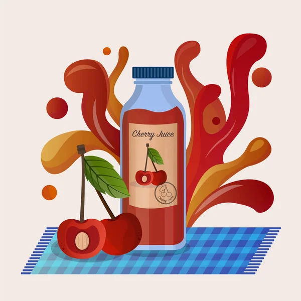 Fresh cherry juice in glass bottle concept. Red cherry drop on juice splash and ripple. Vector illustration — Image vectorielle