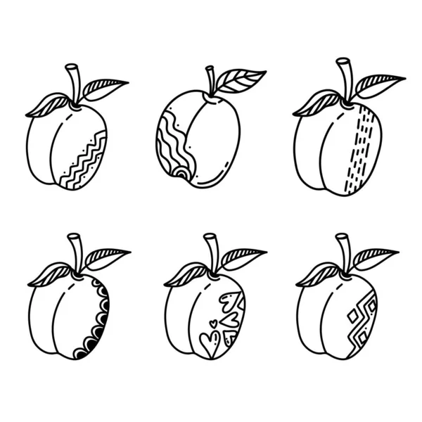 Pfirsich handgezeichneten Stil mit abstrakten Linien Ornamente gesetzt. Lebensmittel-Öko-Vorlage für Speisekarte, Pfirsich-Marmelade und Saft-Etikett, Tee-Banner, Textil — Stockvektor