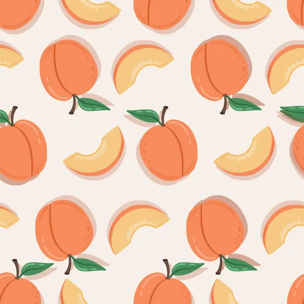 Peach fruit seamless pattern. Peach in cartoon style repeated backdrop. Whole fruit and cut half. Food template for background, textile, wrapping paper, wallpaper — Stock Vector