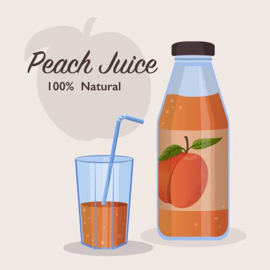 Cam şişe konseptinde taze şeftali suyu. Şeftali suyu damlatır, su sıçratır ve dalgalar