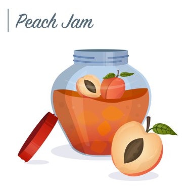 Kavanozda şeftali reçeli. Şeftali ziyafeti. Çizgi film tarzında vektör yemek çizimi. Kahvaltı.