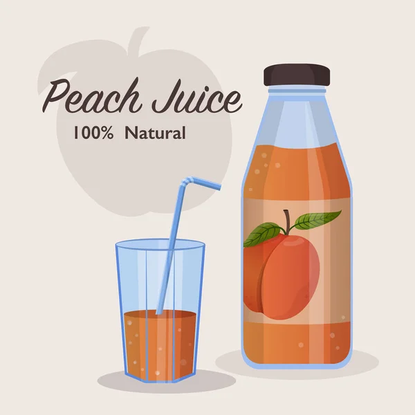 Fresh peach juice in glass bottle concept. Peach drop on juice splash and ripple — Stock Vector