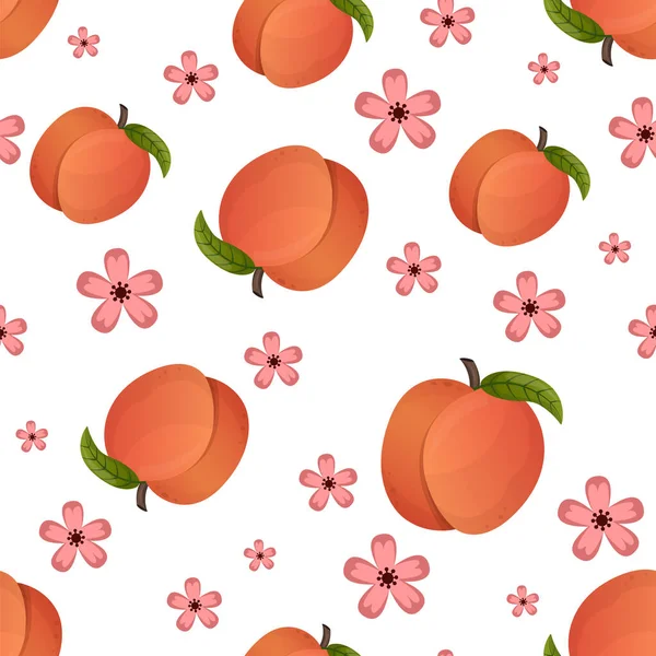 Peach Fruit Plants Seamless Pattern Peach Cartoon Style Repeated Backdrop — Stock Vector