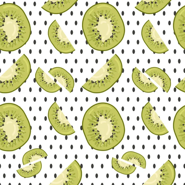 Kiwi fruit and plants seamless pattern. Kiwi in cartoon style repeated backdrop. Whole fruit and cut half. Food template for background, textile, wrapping paper, wallpaper. Vector illustration — Stock Vector