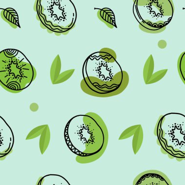 Kivi meyvesi pürüzsüz desen. Çizgi filmdeki Kiwi ve el çizimi tarzı tekrarlanan arka plan. Tam meyve ve yarısını kes. Yemek şablonu, tekstil, ambalaj kağıdı, duvar kağıdı. Vektör illüstrasyonu