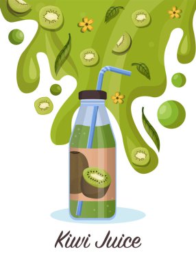 Cam şişe konseptinde taze kivi suyu. Kivi suyu damlatır ve dalgalanır. Vektör illüstrasyonu